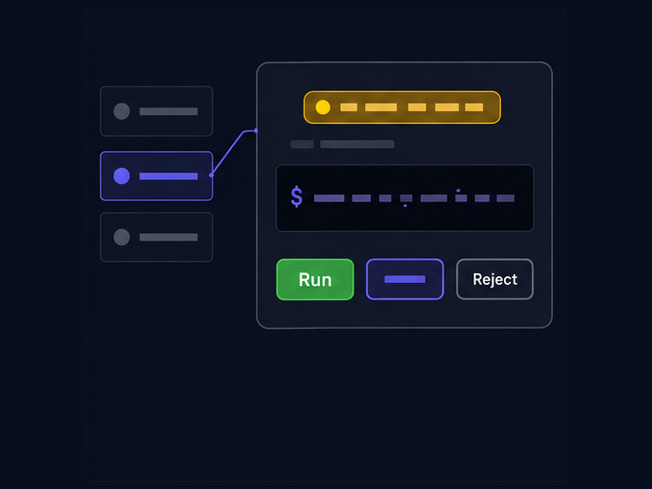 Illustration of a proposed shell command held in a confirmation panel, with Run, Edit and Reject as the only ways forward.