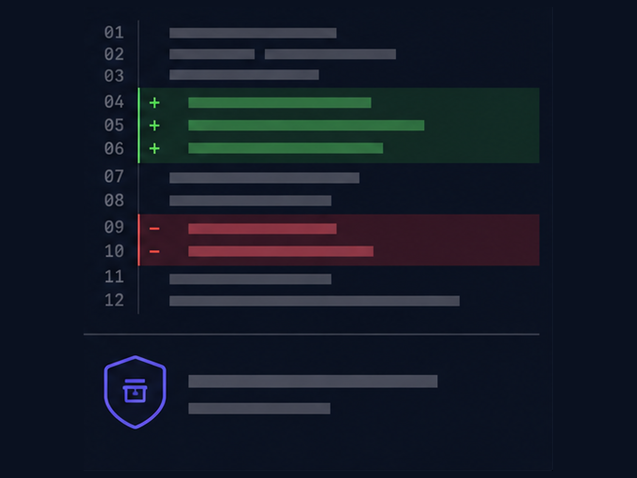 Illustration of a line-by-line diff of a config file, added lines in green and removed lines in red, with a backup noted underneath.